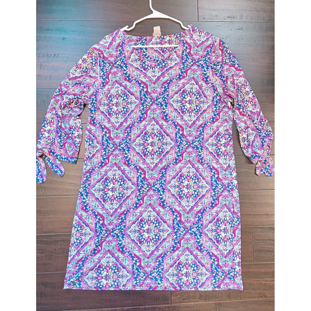 Chico's Pink Blue Medallion Paisley Tie Sleeve lighweight shift Dress Size 3